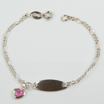 Sterling Silver Childs Identity Bracelet With Pink CZ Heart Charm