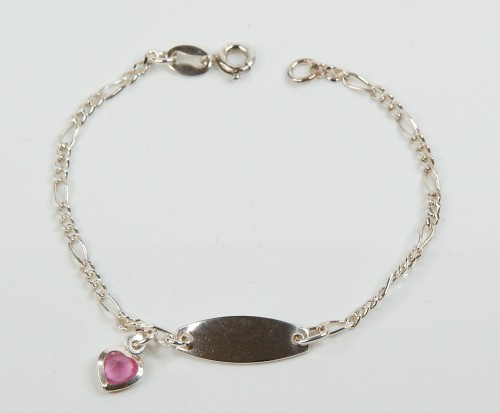 Sterling Silver Childs Identity Bracelet With Pink CZ Heart Charm