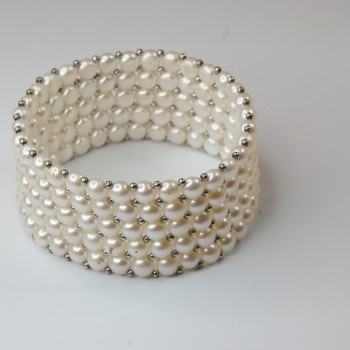 Sterling Silver Freshwater Pearl Elasticated Cuff Bracelet