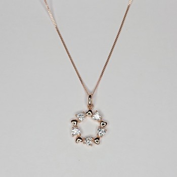 Sterling Silver/CZ Rose Gold Plated Open Circle Heart Shaped CZ Stones Pendant and Chain