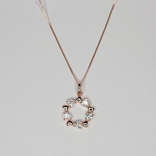 Sterling Silver/CZ Rose Gold Plated Open Circle Heart Shaped CZ Stones Pendant and Chain