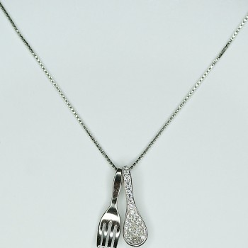 Sterling Silver/CZ Fork and Spoon Pendant and Chain