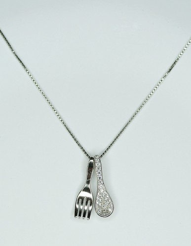 Sterling Silver/CZ Fork and Spoon Pendant and Chain