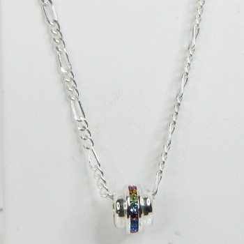 Sterling Silver Multi Coloured CZ Spinner Pendant on Figaro Chain