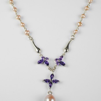 Sterling Silver Amethyst and Freshwater Pearl Necklace