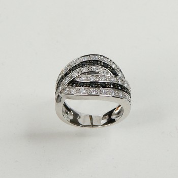 Sterling Silver/CZ Black and White Fancy Crossover Ring - Size N1/2